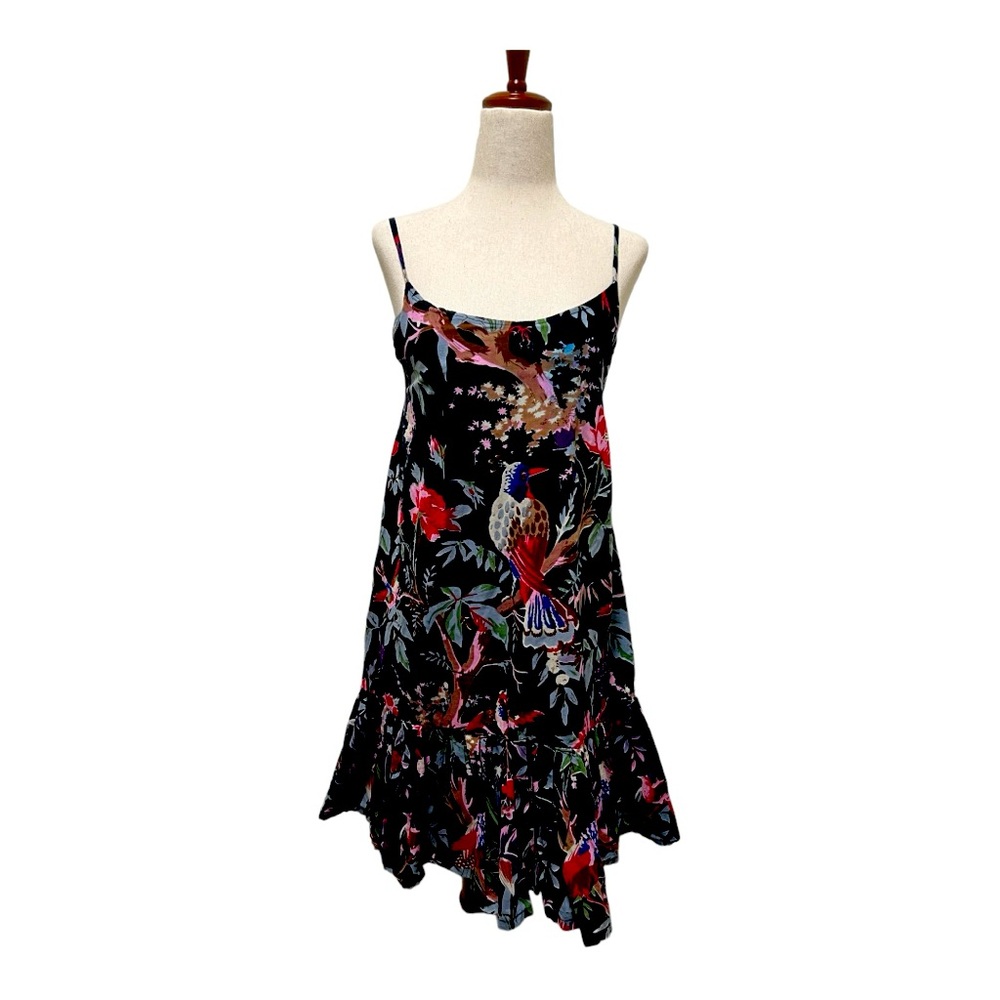 One of a kind summer cotton mini dress with birds of paradise  design